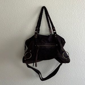 Studded Dark Brown Suede Hobo Shoulder Bag
